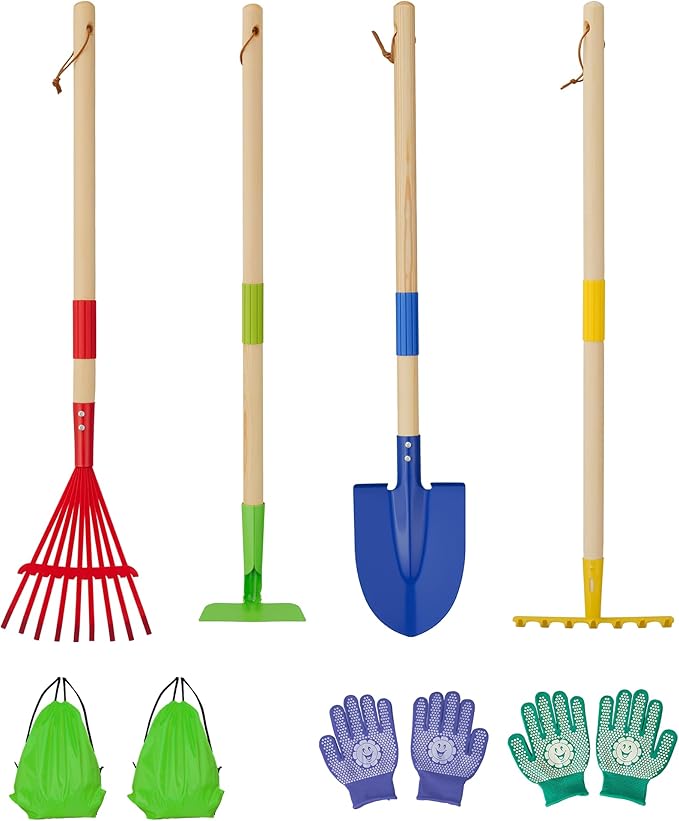 4-Piece Garden Tool Set with Shovel, Rake, Hoe, Leaf Rake - 2 Pairs of Gloves & 2 Storage Bags, Wooden Gardening Tools for Yard & Lawn Care