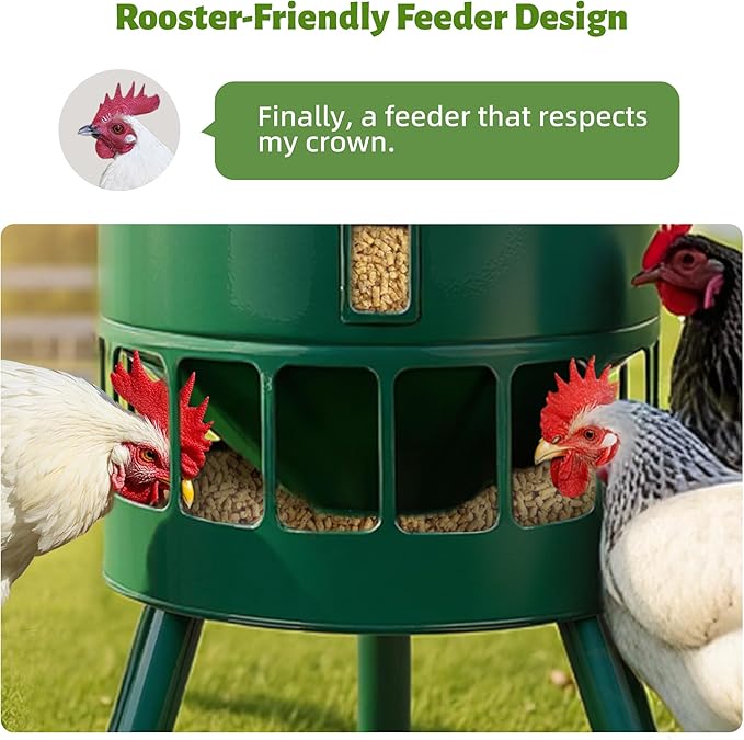 KOL 50LB Metal Chicken Feeder - No Waste, No Clog Design with 16 Ports & Smooth Gravity-Flow, Powder Coated Rust-Proof for Coop Use (Green)