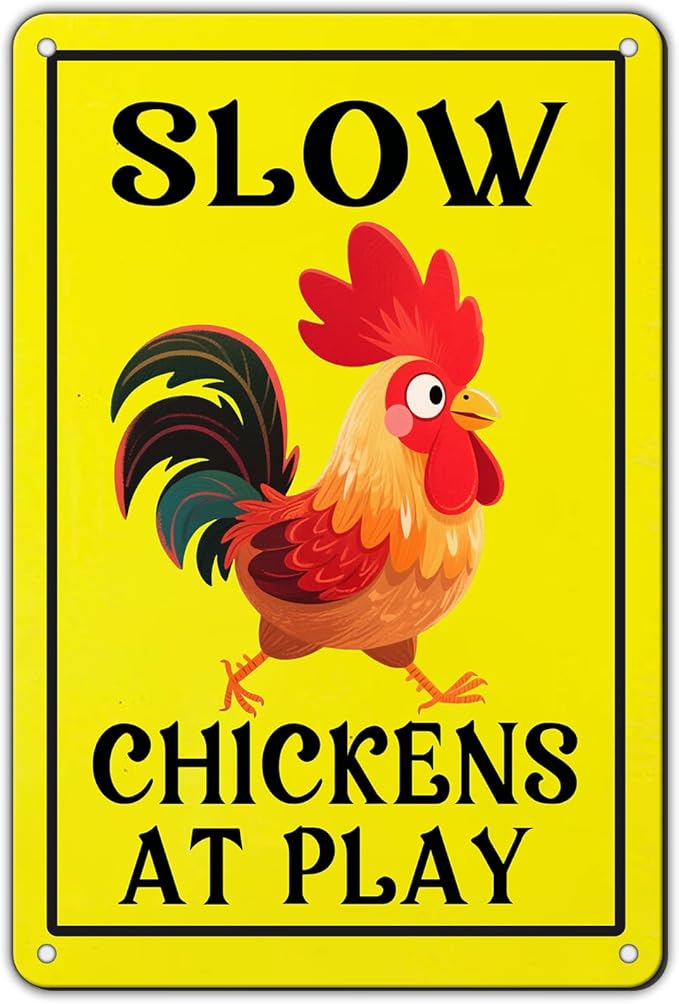 Vintage Slow Tin Sign Chickens at Play Metal Sign Funny Chicken Coop Yard Poster Home Kitchen Coffee Garden Wall Decor 12x8 Inch