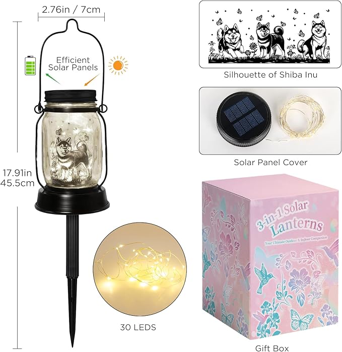 Shiba Inu Gifts for Women/Men Shiba Inu Solar Lanterns Mom Birthday Shibe Dog Lovers Lantern Pet loss Animal Doge Memorial Lights Solar Garden Decoration for Yard, Patio,Backyard,Porch Torches