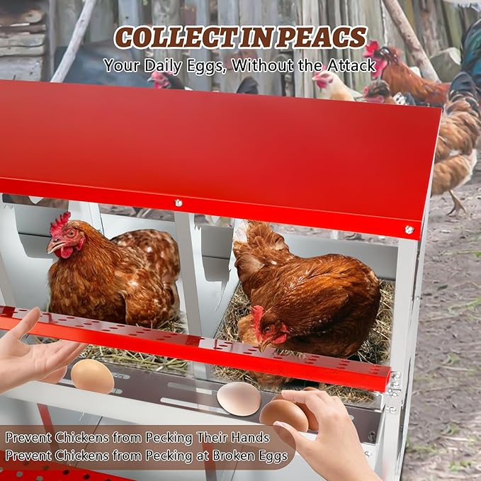 Chicken Nesting Box,Heavy Duty Metal Nest Boxes,8 Hole Roll Away Nesting Boxes,with Large Vented Holes,Wall-Mountable Chicken Coop Nesting Boxes,for Chickens,Ducks,Large Egg Boxes (Red 8 Hole)