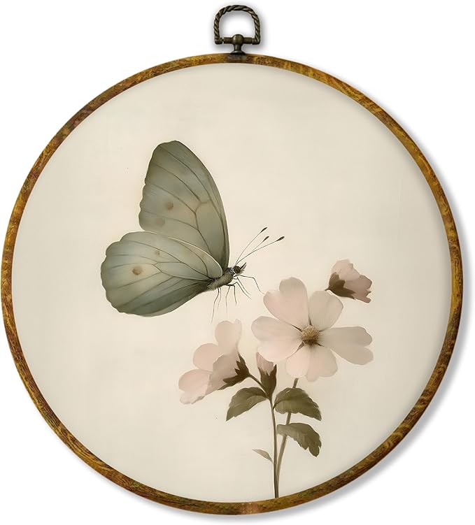 Hiuwevt Vintage Floral Butterfly Round Wall Art Decor, Retro Green Butterfly Floral Framed Canvas Prints, Farmhouse Rustic Round Wall Hanging Decor for Bedroom Living Room Decorations, 10x10 Inches