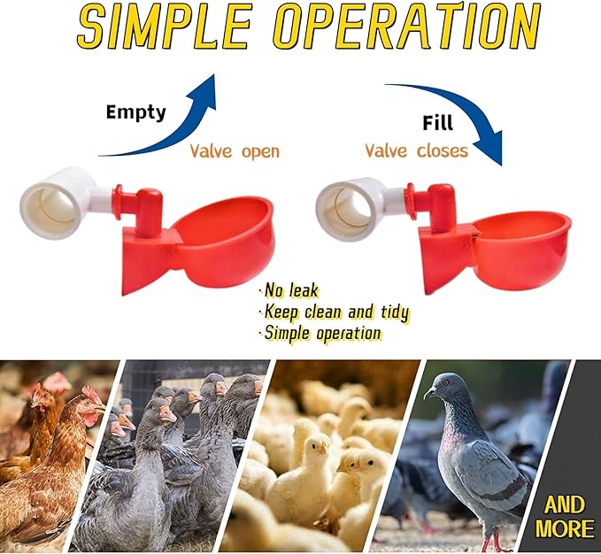 12 Pack Automatic Chicken Waterer Cups with 1/2" PVC Tee Fittings Chicken Water Cups, Chicken Water Feeder, for Chicks, Duck, Goose, Turkey. Poultry Waterer Feeder Kit