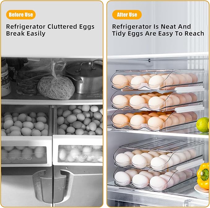 Egg Holder for Fridge, Rolling Egg Holder for Refrigerator, Egg Organizer for Refrigerator Clear Plastic Egg Dispenser with Removable Lid and Tray (2 Layer Holds 36 Eggs)