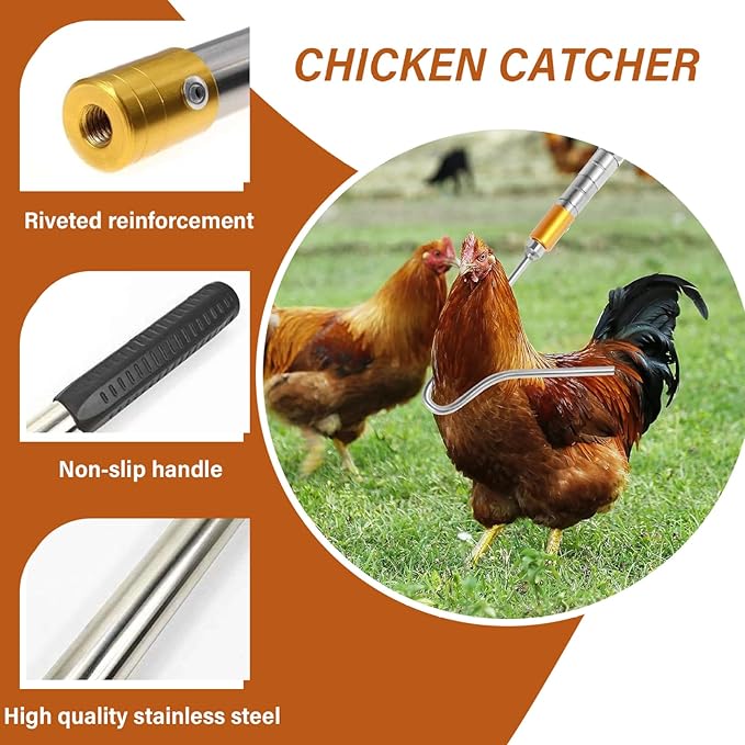 Chicken Catcher Extension Rod Hook Stainless Steel Poultry Catcher Extendable to 52 Inch, Long Handle Farm Tool for Chicken Duck Turkey Safe Handling