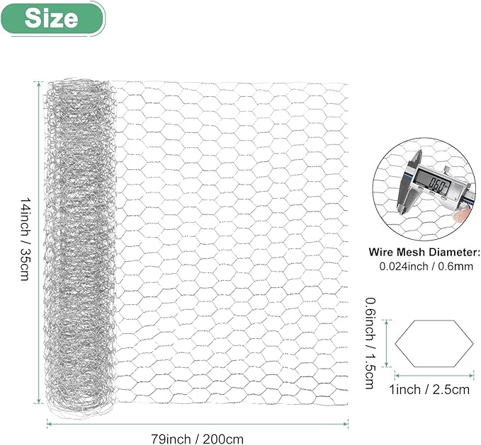 Chicken Wire for Floral Arrangements, 14 x 79 in Galvanized Iron Hexagonal PVC Coated for Crafts/Poultry/Garden, Chicken Wire Netting Fence Mesh [Silver Tone]