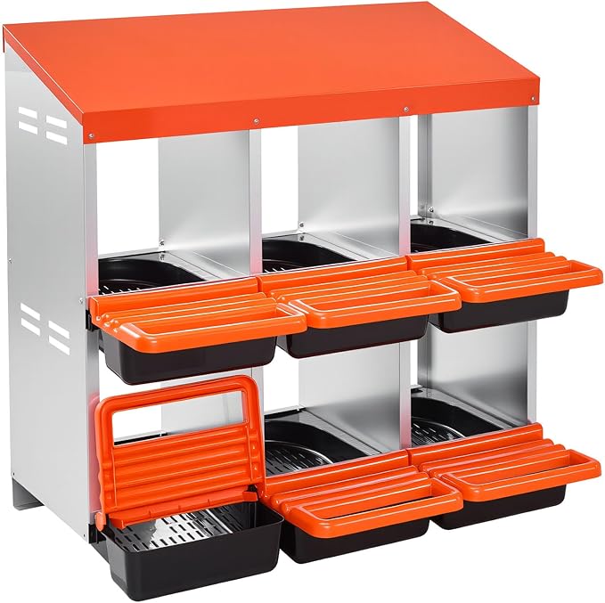 VEVOR 2 Tiers Chicken Nesting Boxes, 6 Compartments, Metal Egg Laying Boxes with Protective Collection Lids, Roll Out Nesting Box, Easy to Assemble, Ideal for Hens, Ducks, Chickens, and Other Poultry