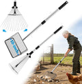 2PC Chicken Coop Scoop & Rake, 10" Heavy Duty Sifting Shovel, 62" Adjustable 3-Length Handle, 15" Manure Rake for Sand, Leaves & Animal Waste