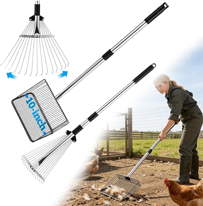 2PC Chicken Coop Scoop & Rake, 10" Heavy Duty Sifting Shovel, 62" Adjustable 3-Length Handle, 15" Manure Rake for Sand, Leaves & Animal Waste