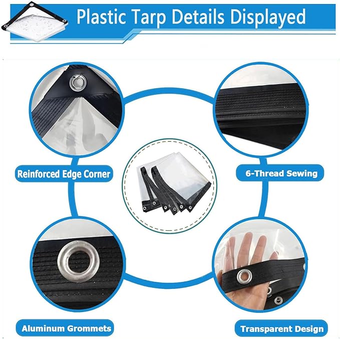 16x16FT Clear tarps, Heavy Duty Waterproof, Vinyl Tarp with Metal Grommets, UV & Tear Resistant, Clear Plastic Tarp for Porch, Outdoor, Patio, Chicken Coop Cover
