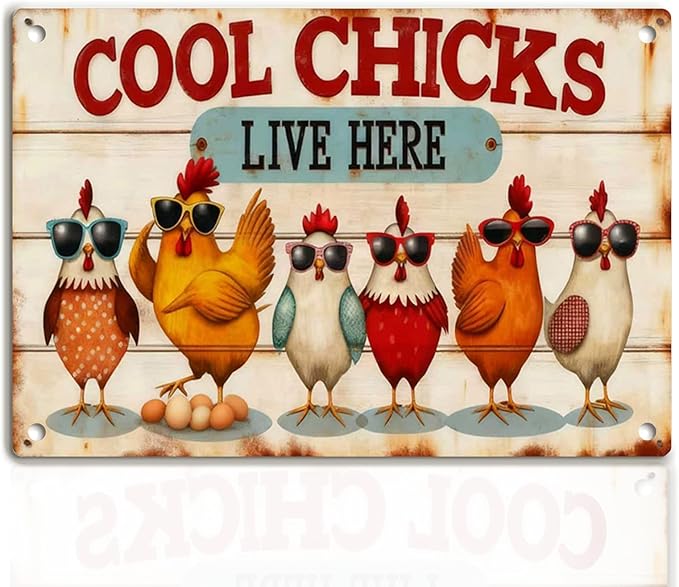 Chicken Metal Decor Sign Vintage Metal Tin Sign Wall Art Decor Cool Chicks Live Here Chicken Coop Signs Accessories for Outdoor Decorations Gifts for Women and Hen Lovers 8 X 12 Inch