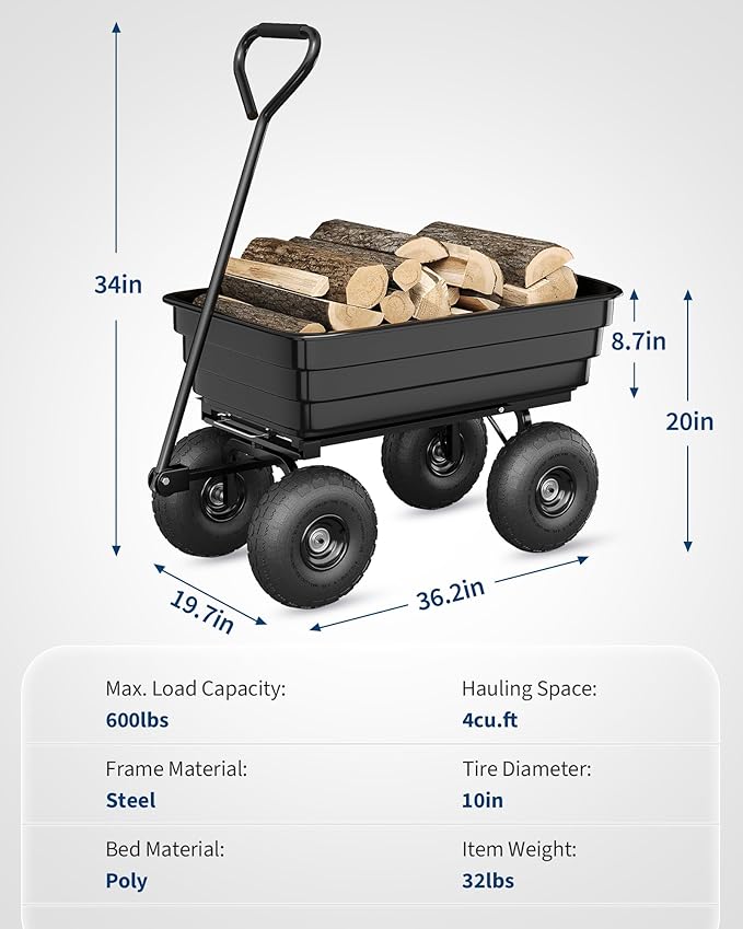 Heavy Duty Poly Garden Dump Cart 1200 lbs, 125L Utility Wagon Wheelbarrow with 10" All-Terrain Tires, Quick Release, 180° Adjustable Handle for Yard, Lawn, Landscaping, Black | 1200 lbs. load capacity