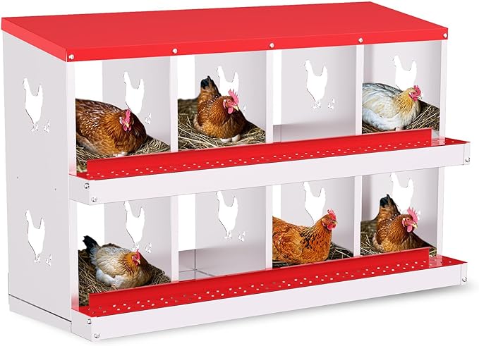 Chicken Nesting Boxes, 8-Compartment Metal Egg Laying Box with Swing Perch and Secure Lid – Versatile Wall Mount or Free Standing Suitable for Various Chicken Breeds -red