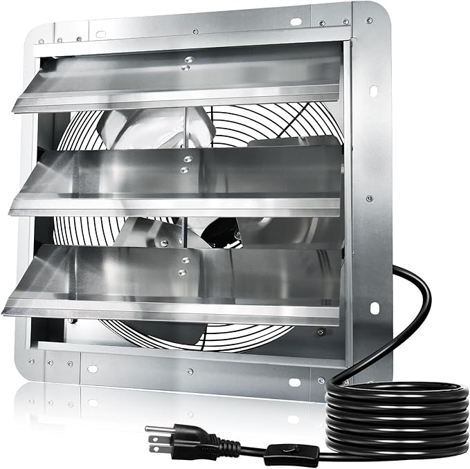 Hiorucet 14 Inch Shutter Exhaust Fan, 1558CFM High Speed Low Noise Aluminum Louvered Exhaust Fan Wall Mounted with 1.8m Power Cord for Greenhouse, Garage, Shop, Attics, Chicken Coop Ventilation.