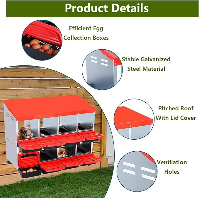 Chicken Nesting Box, 2-Tier Chicken Laying Boxes for Hens, 10 Hole Nesting Boxes for Chickens, Roll Away Nest Box for Laying Eggs, Roll Out, Easy Egg Collection (Red, 8-Holes Without Legs)