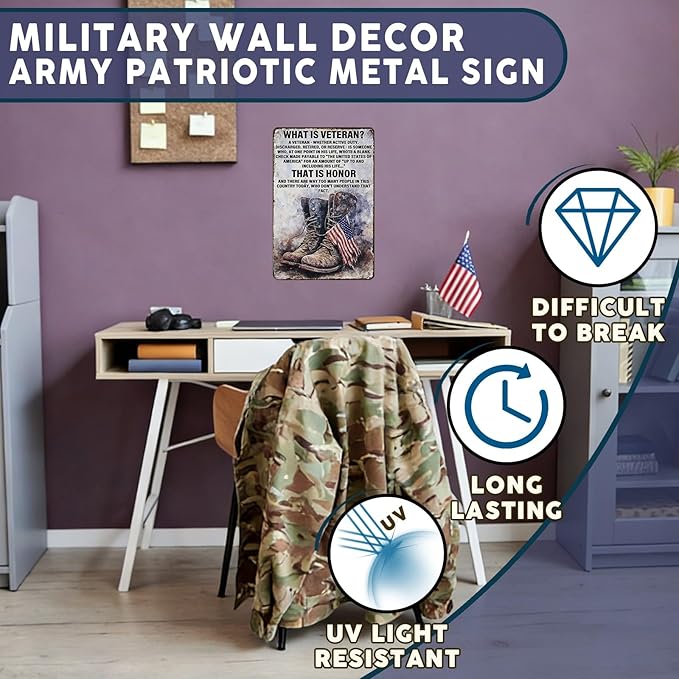 PEACHGARDEN Military Decor Army Patriotic Metal Sign Wall Decor What is A Veteran Metal Tin Sign Poster Military Memorabilia for Veterans Army Soldier Patriots 8x12inch