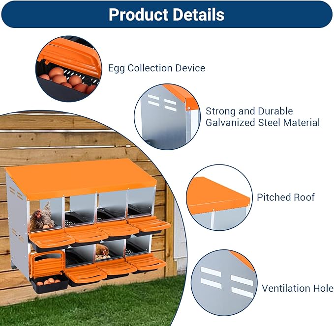 GarveeLife Chicken Nesting Box, 8 Compartments Nesting Boxes for Chickens, Chicken Laying Boxes, Roll Away Nesting Box for Chickens Laying Egg with Lid Cover to Protect Eggs, Orange