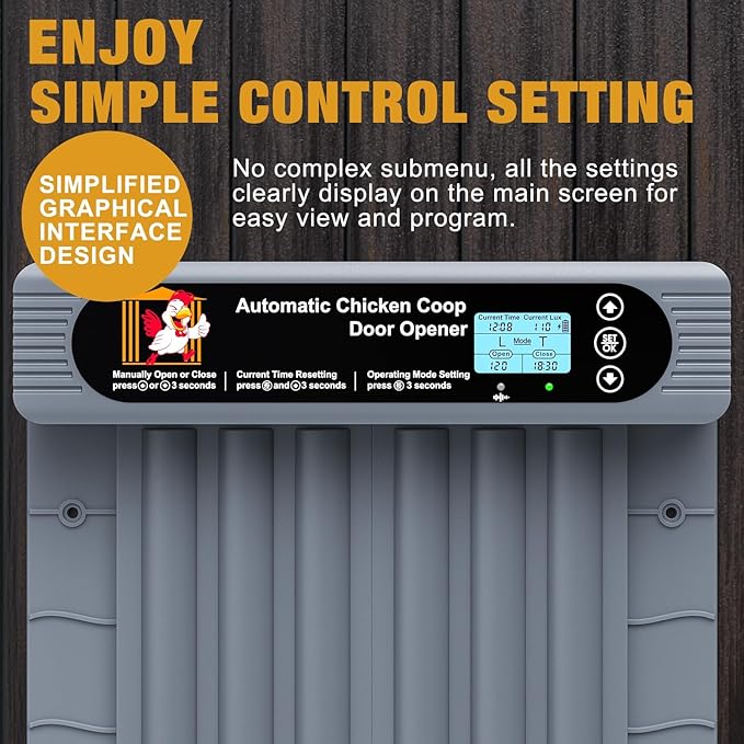 Automatic Chicken Coop Door,Programmable Timer & Light Sensor Modes, LCD Display, Solar Powered Auto Chicken Door Opener with Remote Control (30m)