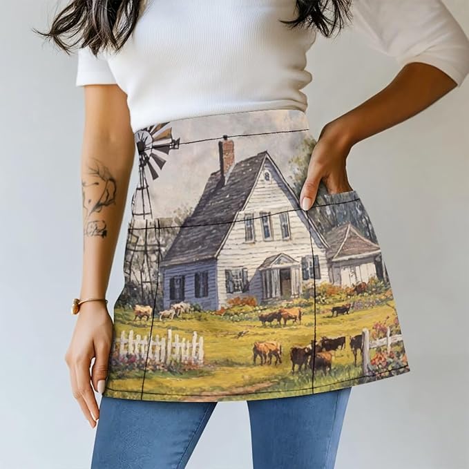 Waistress Apron with Pockets Coffee Waiter Apron Long String Chef Half Aprons for Cooking Kitchen Hairdresser