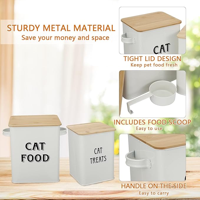 Cat Food Storage Container Farmhouse Pet Food Treats Bin with Lid and Scoop, Perfect Sturdy Canister Tins for Kitchen Countertop, Shelf, Great Gift for Pet Owners - Cat Food