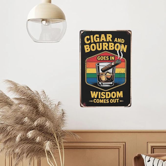 Novelty saying wall decor featuring Cigar And Whiskey Wisdom Comes Out Cigar Idea Metal Tin Sign Man Cave Bar Decor Perfect For Hanging In Lounge Office 8x12 inch metal sign for living room wall