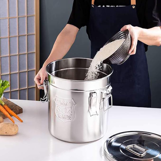 Stainless Steel Canister Rice Bucket Airtight Canister with Lids, 304 Stainless Steel Metal Food Storage Containers Kitchen Canisters for Rice, Flour, Grain, Coffee Bean 12L