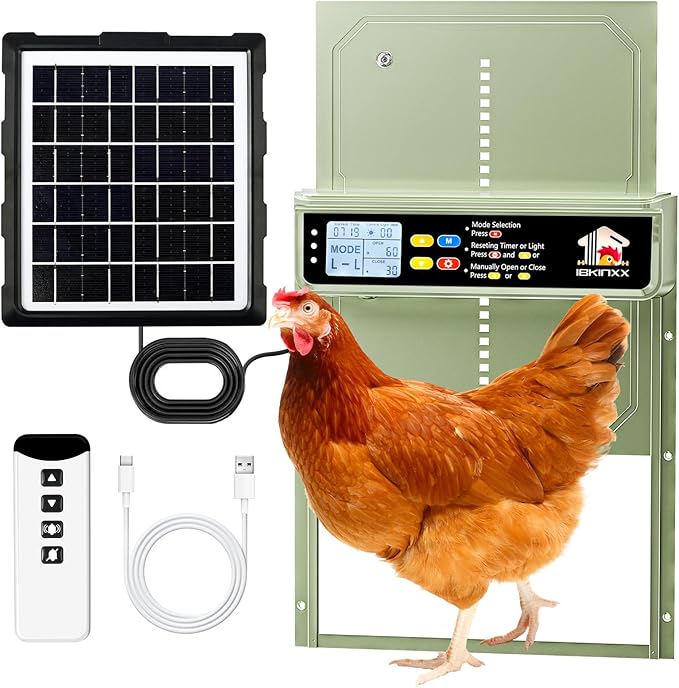 Automatic Chicken Coop Door Solar Powered with Timer, Light Sensor, Remote Control, LCD Display, Aluminum Alloy 4 Auto Modes Wide Chicken House Door, Green