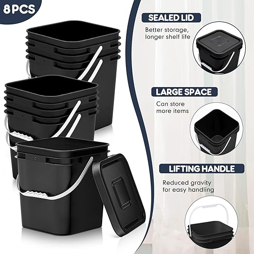 Mumufy 8 Pcs 3.5 Gallon Square Food Grade Bucket with Lid Square Bucket Pail Plastic Handles for Long Term Food Storage, Camping, Fishing, Home Organization Easy Stack and Store (Black)