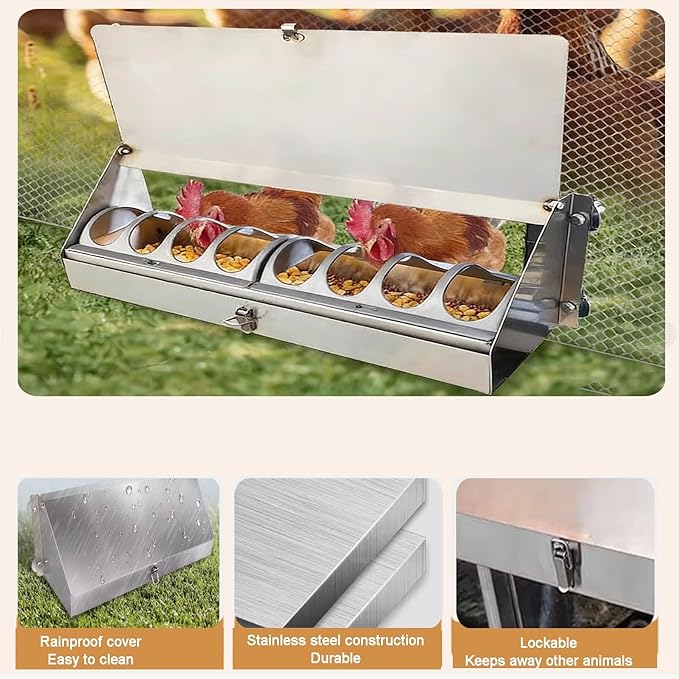 Stainless Steel Automatic Chicken Feeder, with Lockable Lid No Spill Poultry Feeder, No Waste Automatic Feeder Trough for Fowl Pheasant Outdoor
