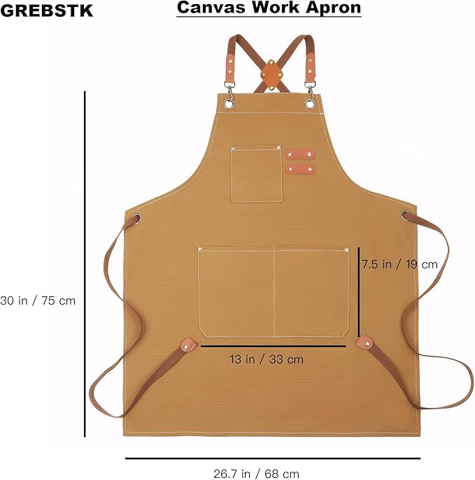 GREBSTK Work Apron Cross Back Adjustable Canvas Tool Apron for Woodworking, Gardening, Cooking
