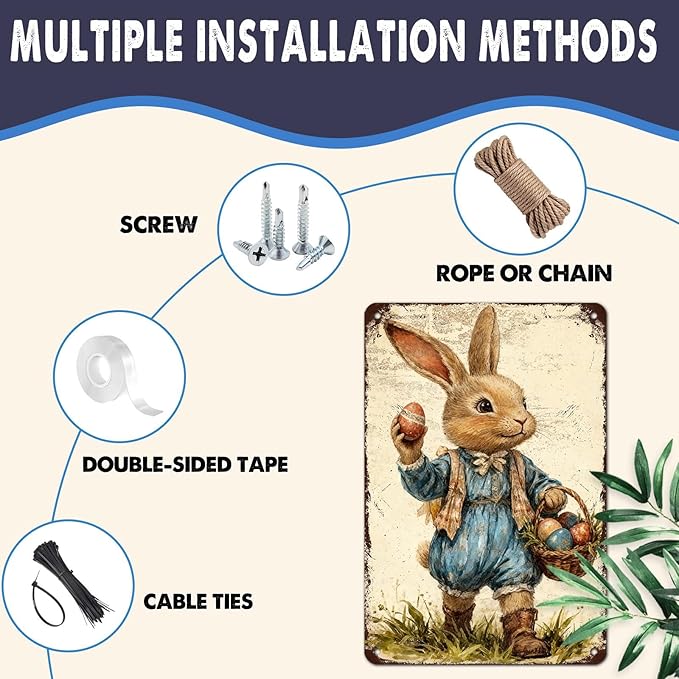 YoyaVex Bunny Metal Sign Vintage Easter Design With Decorative Eggs Rustic Wall Decor For Indoor Outdoor Use In Home Garden 8X12Inch