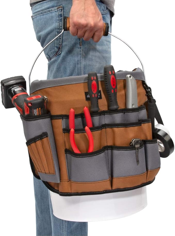Dickies 35-Pocket 5-Gallon Bucket Organizer With Drill Holster, Padded Handle, and Tape Tether, for Contractors and Painters