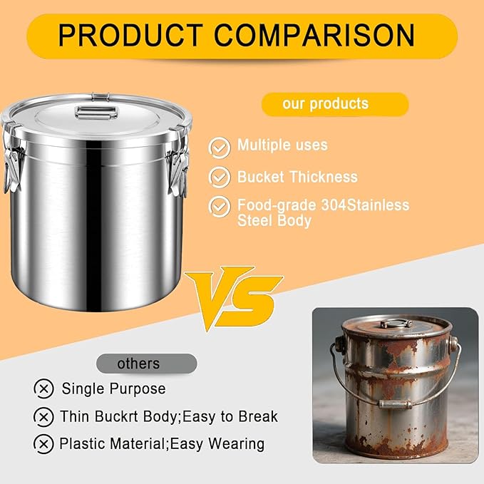Stainless Steel Dog Food Storage Containers with Airtight Lid and Locking Clamp, 5-30L, Large Food Storage Container Metal Pet Food Bin for Dogs, Cats & Birds Seed
