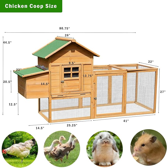80" Large Chicken Coop, Waterproof Outdoor Hen House for 2-4 Chickens, Wooden Chicken House with Nesting Box, Removable Tray, PVC Cover, Run, for Garden Backyard Cage