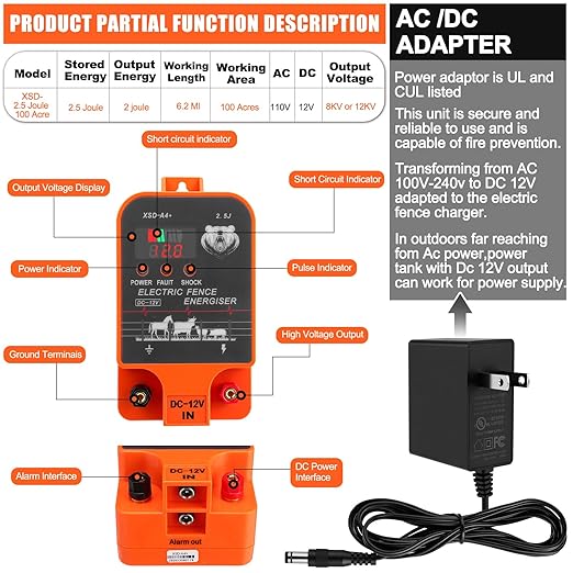 2.5j Electric Fence Charger with Digital Display & Alarm, Ac Dc 2 in 1 Power, 12v Input 8kv/12kv Output, 50 Black Electric Fence Insulator, 1 Socket Tool, 250ft Aluminum Wire Animal Control