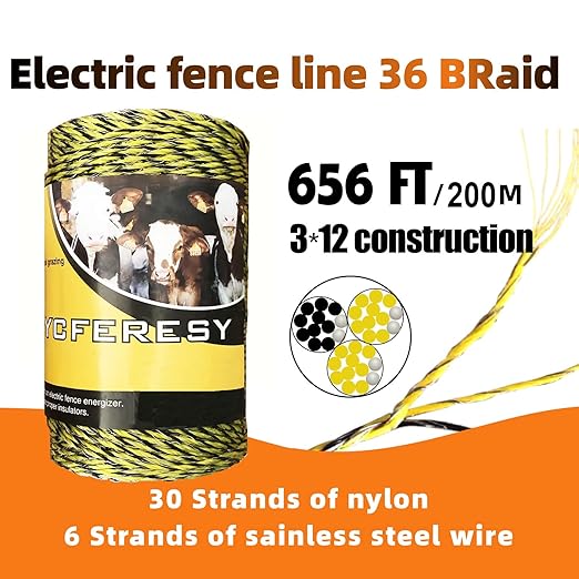 Upgraded Electric Fence Poly Wire 656 Feet 200 Meters and 50 Pcs Black Electric Fence Insulator Screw-in Insulator Fence Ring Wood Post with 1 Pcs Insulator Socket Tool