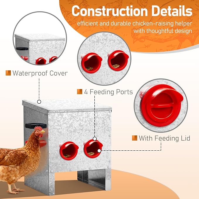 Outvita Metal Chicken Feeder 25 Pounds 4 Ports, No Waste Automatic Chicken Feeder, Metal Poultry Feeder with Handle for Chickens Duck Bantams Pheasants Poultry Coop Weatherproof, Rodent Proof