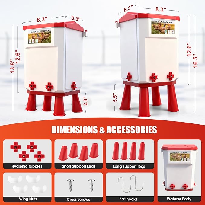 3 Gallon Heated Chicken Waterer for Winter Automatic Chicken Water Heater,Adsjustable Height Anti-Freezing Poultry Watering System with Thermostatic Control,Red,12.5 in x 8.3 inch x 8.3 in