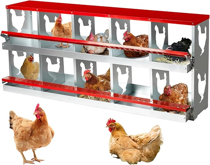 Chicken Nesting Box for Laying Eggs,Wall-Mountable Chicken Coop Nesting Boxes,10 Hole Roll Away Nesting Boxes,with Large Vented Holes,for Chickens,Ducks,Large Egg Laying Boxes (Red 10 Hole)