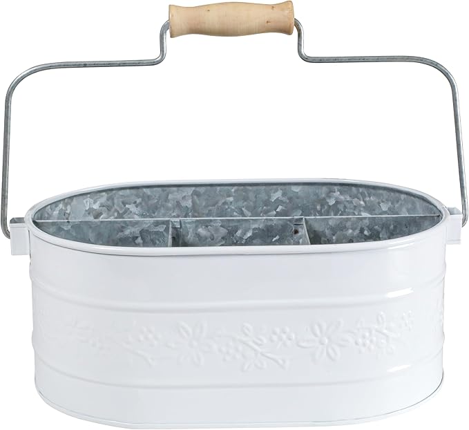 Lightnpro Galvanized Metal Utensil Caddy with Wooden Handle - Rustic Farmhouse Silverware Organizer for Parties & Kitchen Countertop - Chalk White Decor & Storage