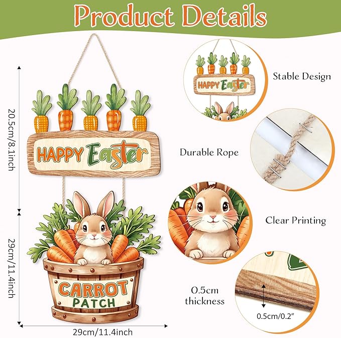 CHDITB Easter Bunny Wooden Door Hanger, Happy Easter Carrot Patch Wood Sign, Rustic Farmhouse Spring Wall Decor, Cute Rabbit Hanging Decoration, Holiday Front Porch Signs for Home Easter Party