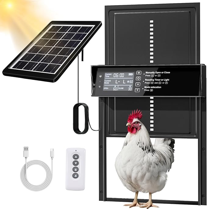 Solar Chicken Coop Door, Automatic Chicken Door Solar Powered & USB Charging, Auto Chicken Door 4 Modes with Timer & Light Sensor, Anti-pinch & Alert, Remote, LED Screen, Aluminum Waterproof Coop Door
