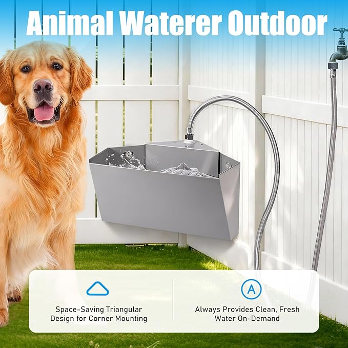 1.6Gal Automatic Livestock Waterer with Float Valve, Self-Filling Drinking Trough Corner Wall Mount, Stainless Steel Dog Water Feeder for Horse Goat Cattle Pets