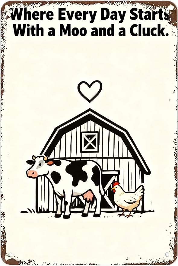 Vintage Metal Sign Where Every Day Starts With a Moo and a Cluck. Tin Sign Decor Retro Wall Decor For Home Coffee Bar Funny Aluminum Sign 16x12 inch