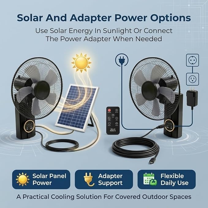 Rechargeable Outdoor Solar with Remote Control, 16" Wall Mounted Fans Oscillating Indoor with Remote Control, Solar Exhaust Fan for Chicken Coop, 3 Speeds, Timer, Adjustable Tilt