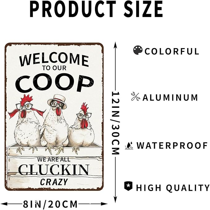 Metal Signs Welcome To Our Coop Sign Vintage Aluminum Tin Sign Chicken Coop Signs for Farmhouse Yard Garden Fence Outside Chicken Coop Wall Decor 12x8 Inch