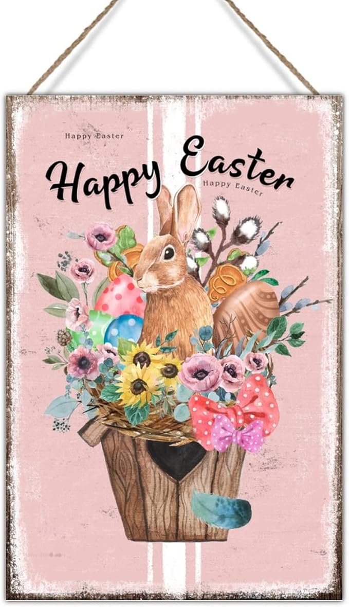 Wood Decor Sign Happy Easter Flower Basket Bunny Sign French Style Floral Pink Stripes Decorations Signs Easter Eggs Farmhouse Bunny Wall Art Sign for Bedroom 12x18in