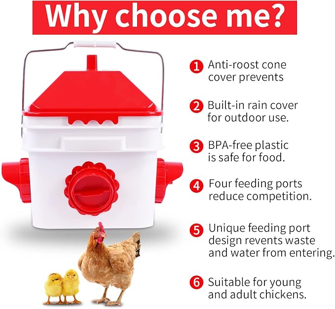 10 Pounds Chicken Feeder with 4 Ports, Rainproof Poultry Feeder for Up to 10 Adult Chickens or 15 Chicks （Patented Products）