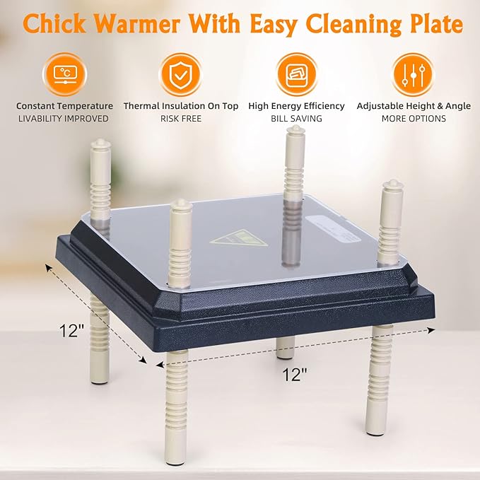 Brooder Heater for Chicks: Chick Brooder Heating Plate with Easy- Cleaning Plate Poultry Coop Heater Chicks Warmer 12" x 12" for 20 Chicks Adjustable Height Brooding Heater 22 Watts