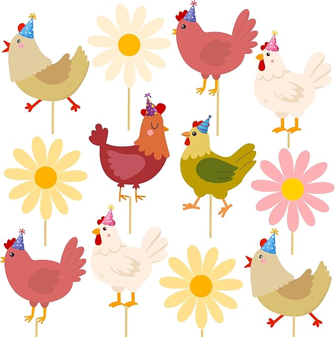 Chicken Themed Centerpiece Sticks Floral Chicken Birthday Table Toppers 16PCS Boho Daisy and Chick Party Decorations Farm Animals Centerpieces for Barnyard Theme Baby Shower Supplies